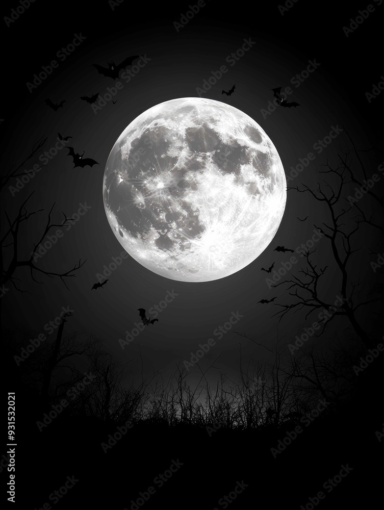 Fototapeta premium Eerie Minimalist Halloween Scene with Ominous Full Moon and Bat Silhouette
