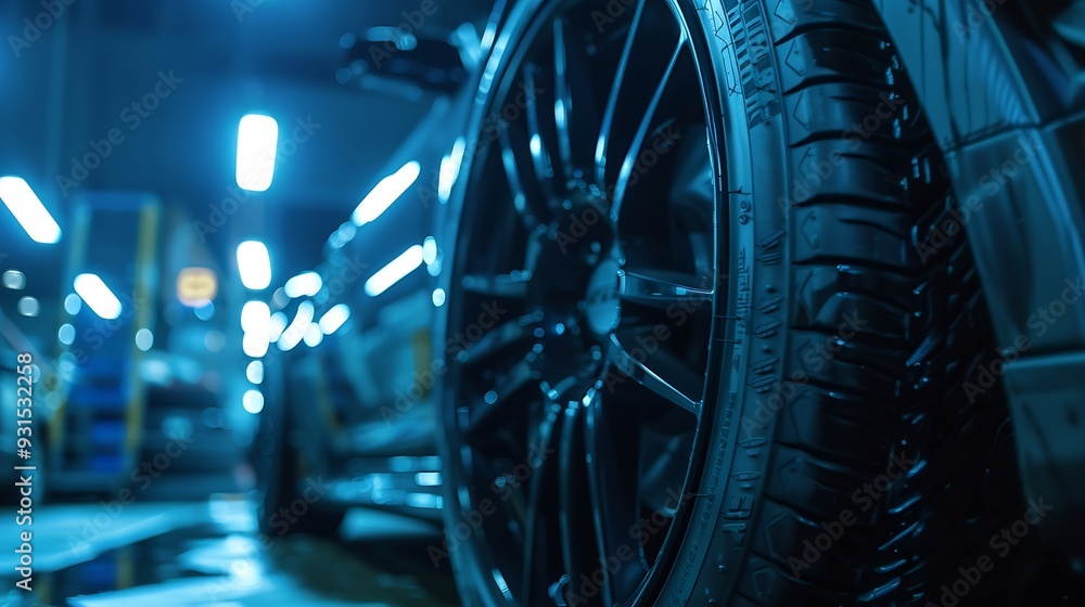 Low angle back rear view of a car vehicle and its tires at the repairing shop Concept of car maintenance service empty Copy space isolated on black background night scene : Generative AI Low angle back rear view of a car vehicle and its tires at the repairing shop Concept of car maintenance service empty Copy space isolated on black background night scene : Generative AI