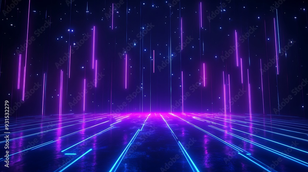 Futuristic neon lights with a glowing grid on a dark background, creating a vibrant sci-fi atmosphere. Perfect for technology and digital themes. Futuristic neon lights with a glowing grid on a dark background, creating a vibrant sci-fi atmosphere. Perfect for technology and digital themes.