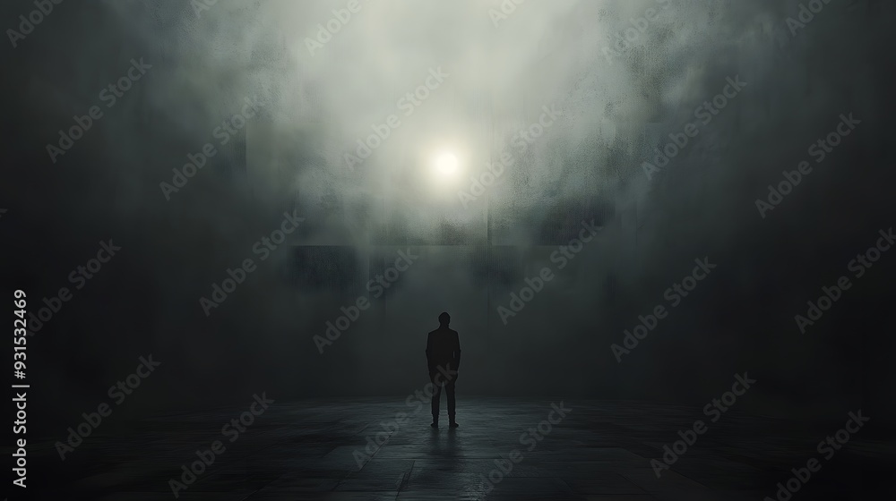 A solitary figure facing a vast, dark void with a single, dim light source in the distance, dramatic and minimalist lighting, mood of being overwhelmed by uncertainty and lack of solutions A solitary figure facing a vast, dark void with a single, dim light source in the distance, dramatic and minimalist lighting, mood of being overwhelmed by uncertainty and lack of solutions