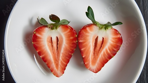 Freshly picked strawberries, their vibrant red hues glistening, arranged artfully on a dark slate, creating a captivating contrast.  