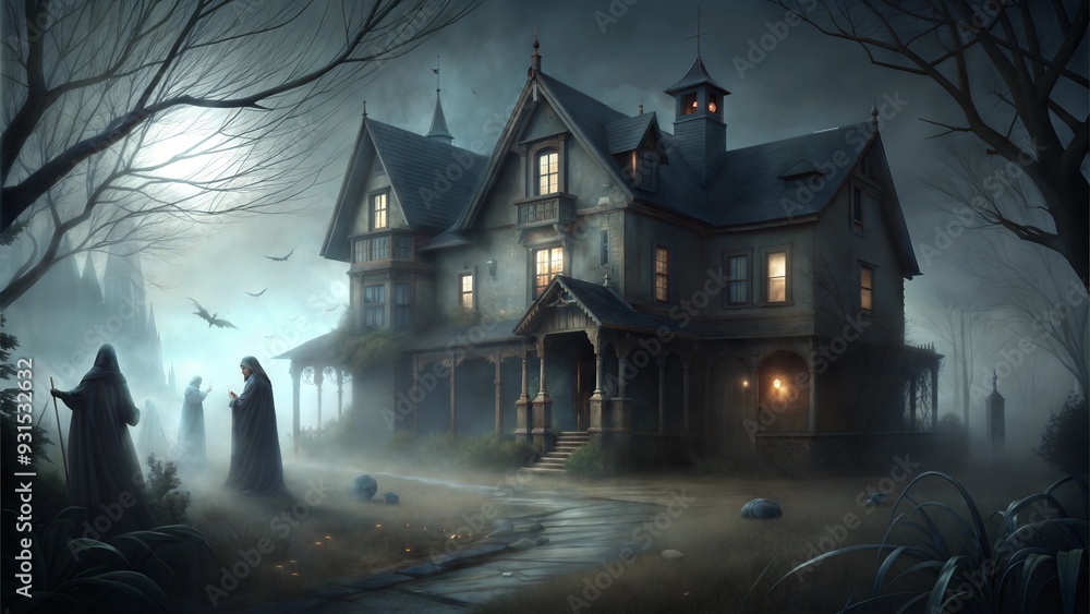 Abandoned creepy house with leafless trees and cloaked figures in the foggy night background Abandoned creepy house with leafless trees and cloaked figures in the foggy night background