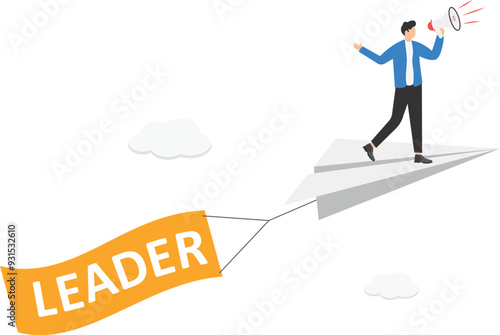 a man in a business suit is running with a big flag on which white letters are written leader,


