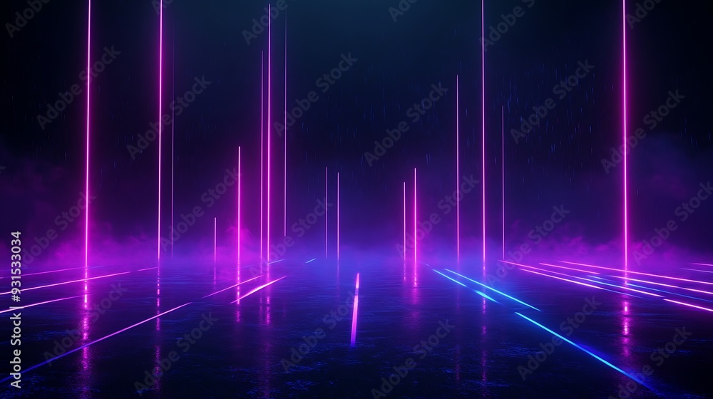 Futuristic neon pink and blue lights in a dark, misty environment with reflections on the floor, creating a sci-fi atmosphere. Futuristic neon pink and blue lights in a dark, misty environment with reflections on the floor, creating a sci-fi atmosphere.