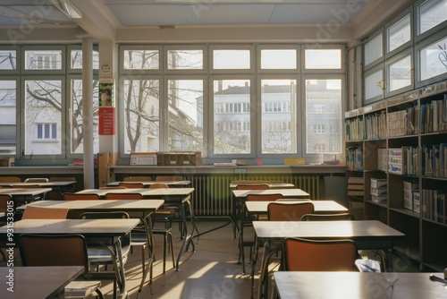 Dutch high school students with desks and chairs in an empty classroom.