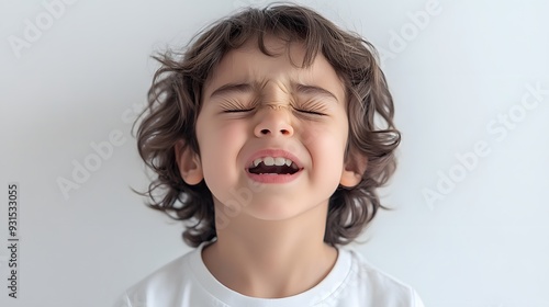 Child sneezing, white background, close-up with squinted eyes, Sony A7 III with 50mm lens, soft even light, natural and candid, expressive and lively, joyful mood