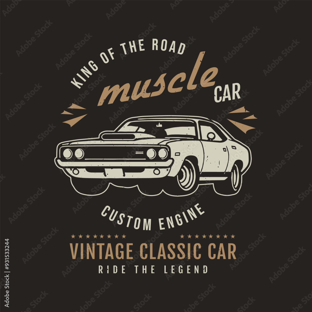 Fototapeta premium Muscle Car King Of The Road Custom Engine Vector T-shirt Design Graphics. Vintage classic cars black background template poster prints.