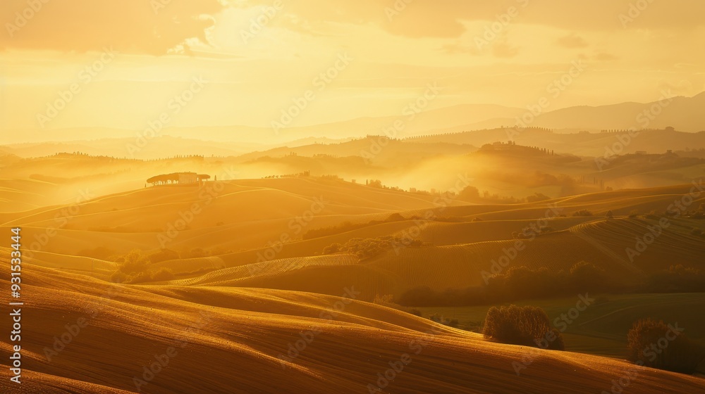 A golden sunset over rolling hills, casting a warm glow across the landscape A golden sunset over rolling hills, casting a warm glow across the landscape