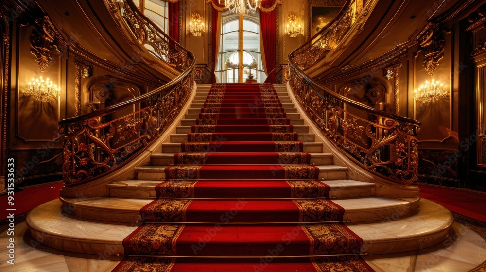 Obraz premium A grand staircase with gold railings and red carpet, leading up to an elegant venue