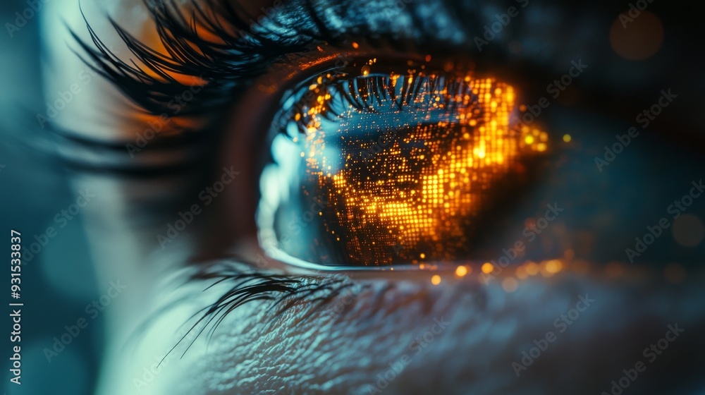 Cybernetic Eye Implant: A close-up of a human eye with a glowing, cybernetic implant, showing digital data flowing across the retina. Cybernetic Eye Implant: A close-up of a human eye with a glowing, cybernetic implant, showing digital data flowing across the retina.