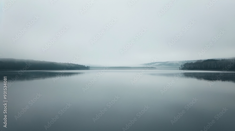A gray sky over a calm lake, with the water reflecting the muted tones of the landscape A gray sky over a calm lake, with the water reflecting the muted tones of the landscape
