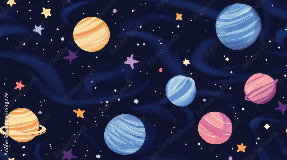 A whimsical space illustration featuring colorful planets, stars, and a dark cosmic background, perfect for children's art projects. A whimsical space illustration featuring colorful planets, stars, and a dark cosmic background, perfect for children's art projects.