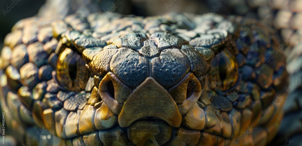 Detailed Close-Up View of Snake Head with Focused Alert Eyes and Scales Texture, Intense Gaze, Natural Lighting Detailed Close-Up View of Snake Head with Focused Alert Eyes and Scales Texture, Intense Gaze, Natural Lighting