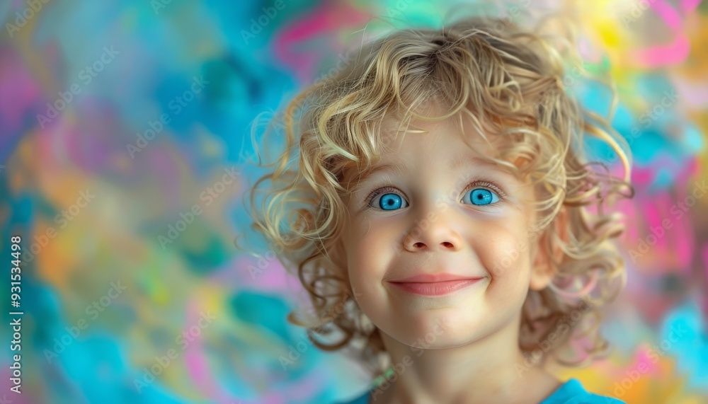Happy Child with Blue Eyes and Curly Blonde Hair, Colorful Background with Chalk Drawings, Joyful Expression, Soft Lighting Happy Child with Blue Eyes and Curly Blonde Hair, Colorful Background with Chalk Drawings, Joyful Expression, Soft Lighting