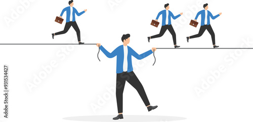 a man in a business suit walks along a tight cable,

