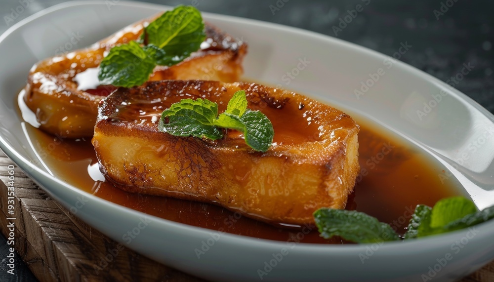 Traditional Spanish Torrijas Looks Like French Toast Christmas Time or Pascua Dessert Served on White Bowl with Syrup and Mint Bowl on Dark Background with Copy Space Traditional Spanish Torrijas Looks Like French Toast Christmas Time or Pascua Dessert Served on White Bowl with Syrup and Mint Bowl on Dark Background with Copy Space