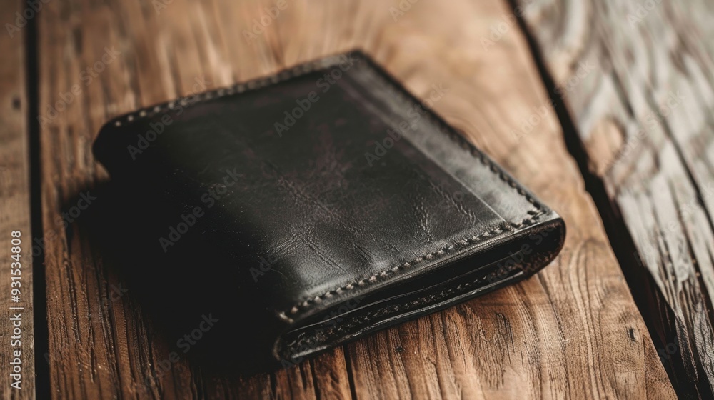 A light black leather wallet resting on a wooden surface, showcasing its craftsmanship A light black leather wallet resting on a wooden surface, showcasing its craftsmanship