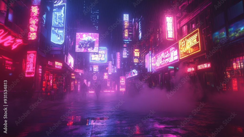 Cyberpunk Alleyway: A gritty, neon-lit alley filled with futuristic billboards, steam rising from the ground, and distant silhouettes of people in the rain. Cyberpunk Alleyway: A gritty, neon-lit alley filled with futuristic billboards, steam rising from the ground, and distant silhouettes of people in the rain.