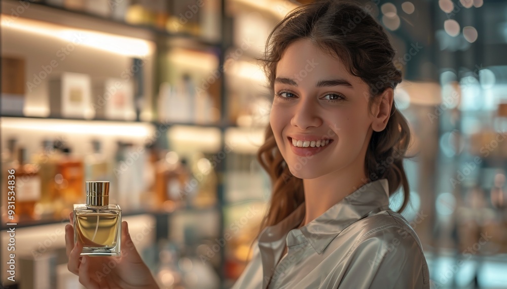 Cosmetics Shop Assistant Smiling Holding Perfume Bottle in Brightly Illuminated Cosmetics Store Cosmetics Shop Assistant Smiling Holding Perfume Bottle in Brightly Illuminated Cosmetics Store