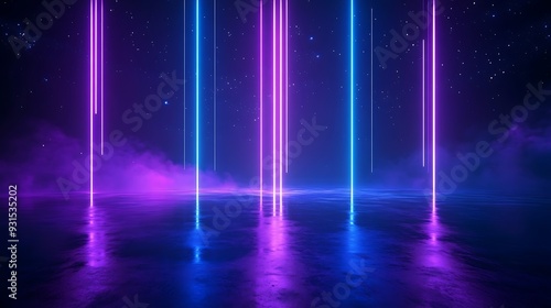 Vibrant neon light beams in a dark, reflective space create a futuristic and surreal atmosphere with blue and pink colors.