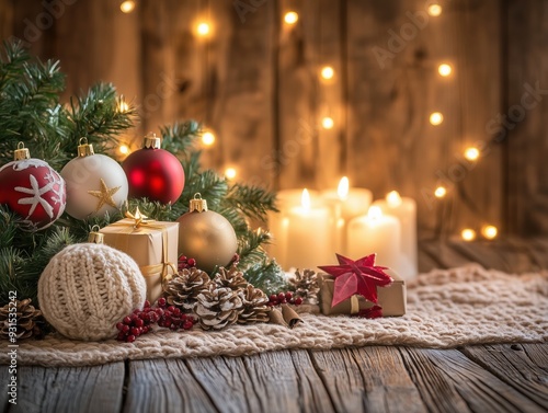 A wallpaper depicting Christmas decorations: pine branches and a cozy wool blanket, elegantly arranged on a wooden table with artificial snow, accompanied by three glowing candles.