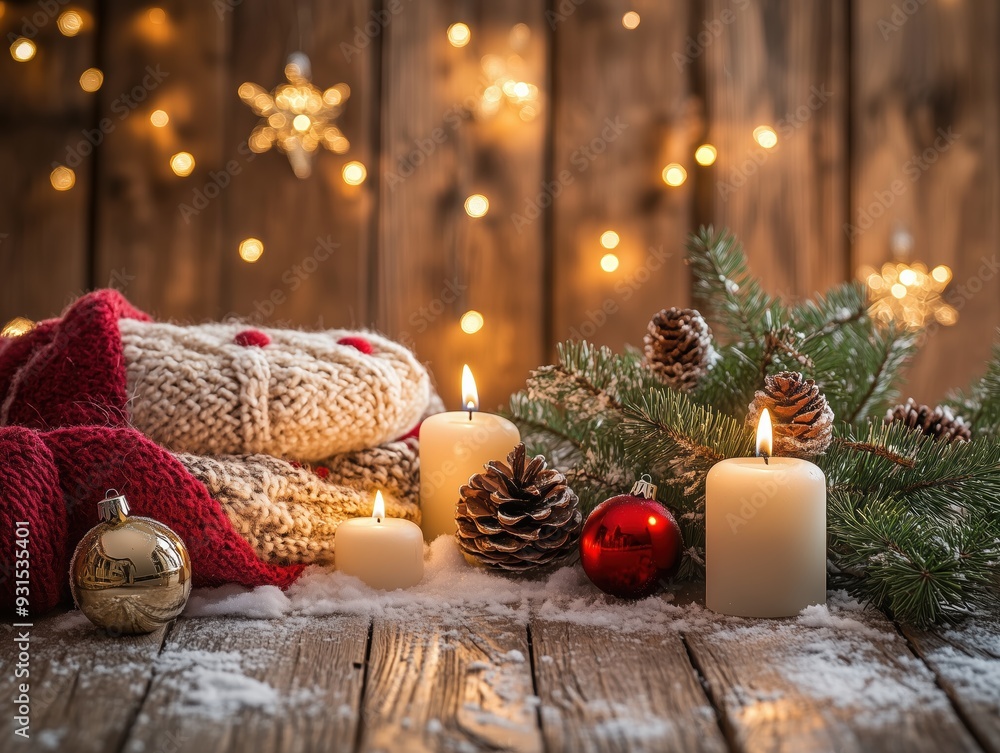 custom made wallpaper toronto digitalA wallpaper showcasing Christmas decorations: pine branches and a wool blanket, artfully arranged on a wooden table sprinkled with artificial snow, with three lit candles.