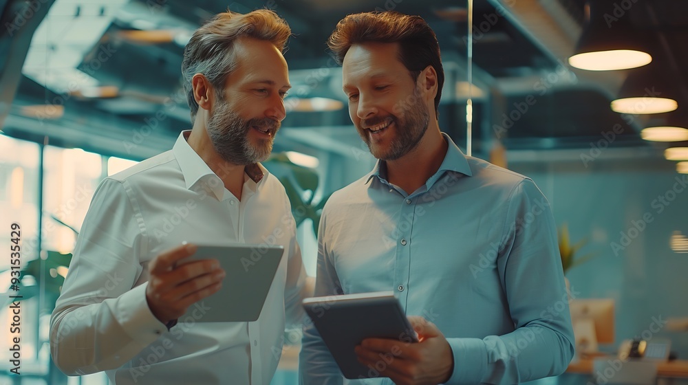 Business team of two happy successful professional business men executive working together standing in office using digital tablet computer technology managing data standing in corpora : Generative AI Business team of two happy successful professional business men executive working together standing in office using digital tablet computer technology managing data standing in corpora : Generative AI