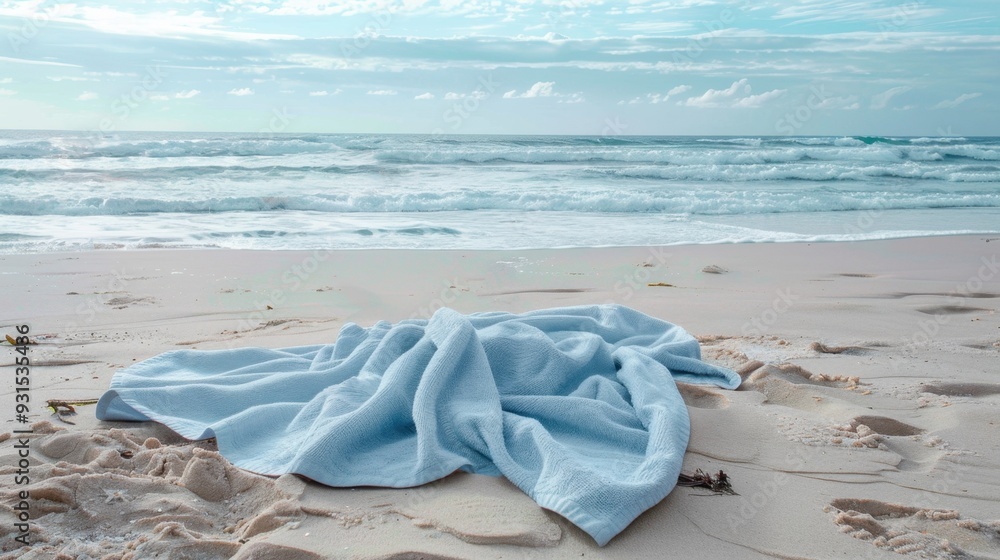 A light blue beach towel spread out on the sand, with the ocean waves in the background A light blue beach towel spread out on the sand, with the ocean waves in the background
