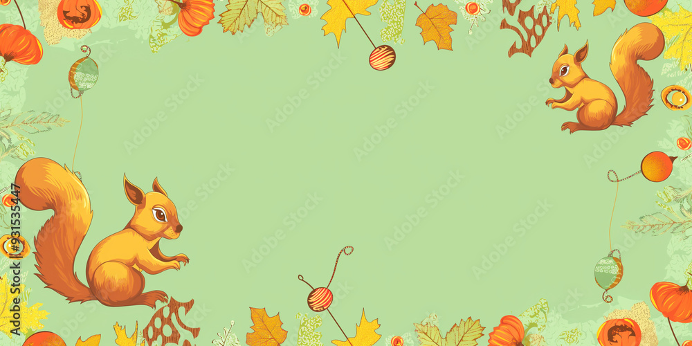 Fototapeta premium Halloween Squirrels and Ornaments: Soft Green Background with Squirrels 