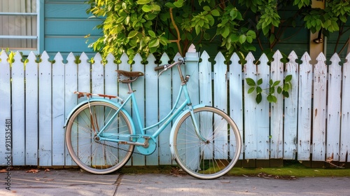 A light blue bicycle leaning against a white picket fence on a sunny day photo