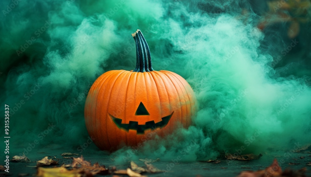 Naklejka premium Spooky Halloween Orange Pumpkin with Green Light on a Foggy Night