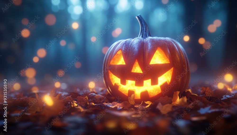 Naklejka premium Glowing Jack-O'-Lantern with Spooky Background in Halloween Night Scene