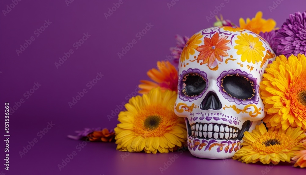 White Skull Decorated with Bright Yellow Flowers in Festive Setting White Skull Decorated with Bright Yellow Flowers in Festive Setting