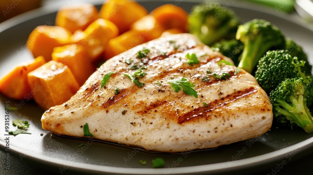 Nutritious Grilled Chicken Breast with Broccoli and Sweet Potatoes on Plate Nutritious Grilled Chicken Breast with Broccoli and Sweet Potatoes on Plate