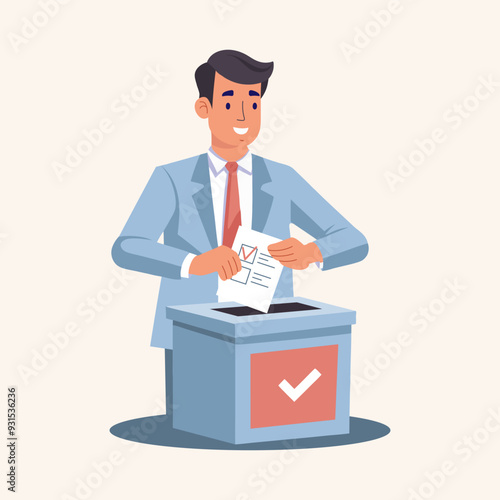Man putting Vote ballot paper in a voting box. Election campaign concept. Flat style illustration