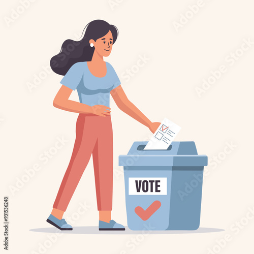Woman putting Vote ballot paper in a voting box. Election campaign concept. Flat style illustration