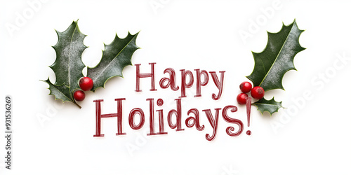 Happy holidays message with holly leaves and berries arranged on a white background, featuring festive red text for Christmas and winter season greetings
