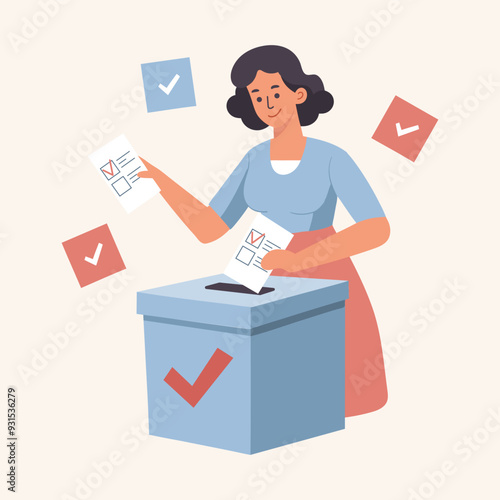 Woman putting Vote ballot paper in a voting box. Election campaign concept. Flat style illustration