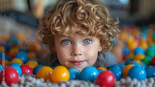 Portrait of Cute Child with Curly Hair and Big Eyes in a Colorful Ball Pit Having Fun
