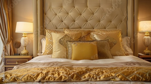 Wallpaper Mural A luxurious bedroom with gold accents, including lamps, bedding, and decorative pillows Torontodigital.ca