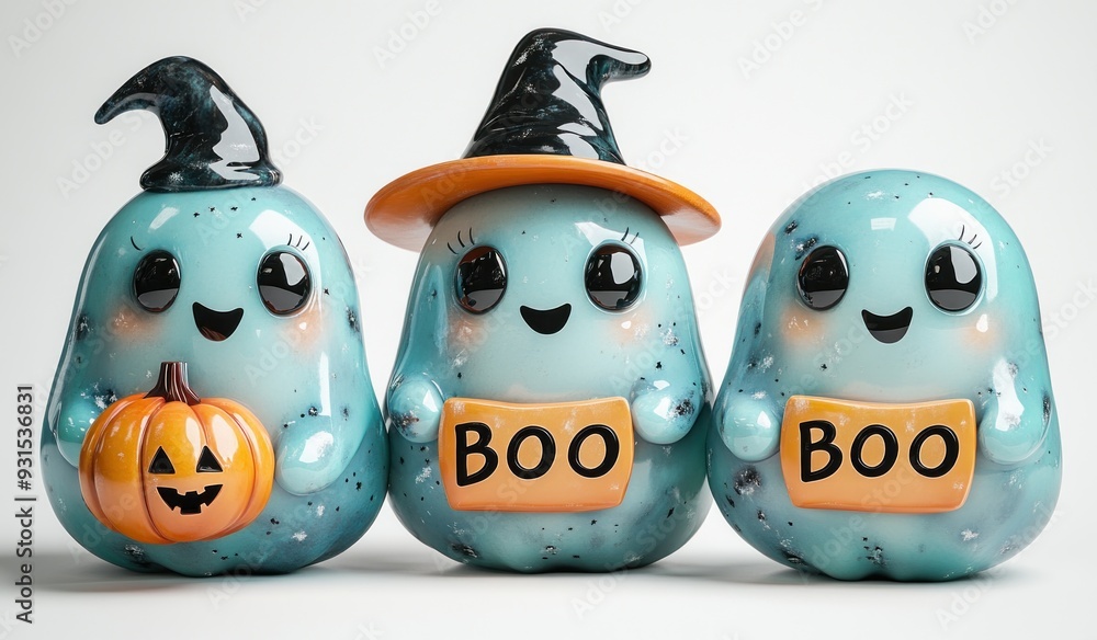 Fototapeta premium Cute Blue Ghosts with Hats and Boo Signs - 3D Illustration
