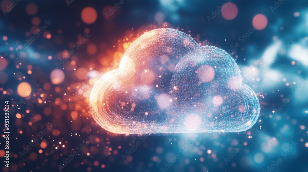 A vibrant cloud symbol surrounded by glowing particles, representing digital connectivity and data storage in the cloud. A vibrant cloud symbol surrounded by glowing particles, representing digital connectivity and data storage in the cloud.