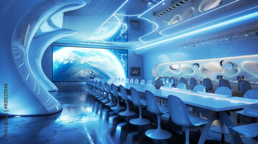 The meeting room of the future in a spaceship. A futuristic meeting room in a spaceship. The meeting room of the future in a spaceship. A futuristic meeting room in a spaceship.
