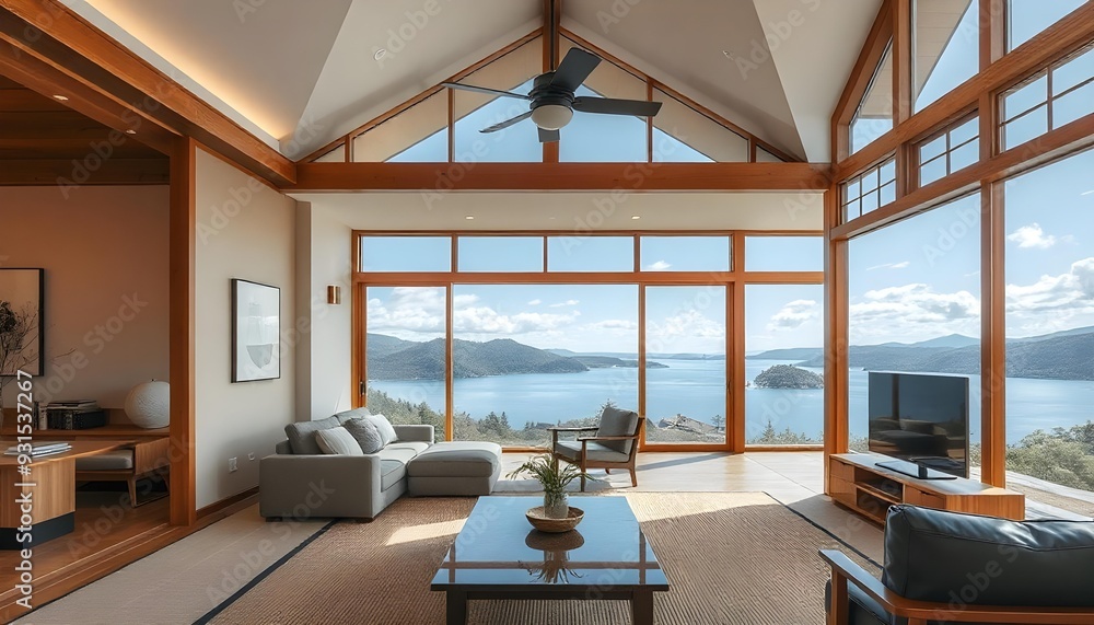 Living room with beautiful view in japanese house interior background. Living room with beautiful view in japanese house interior background.