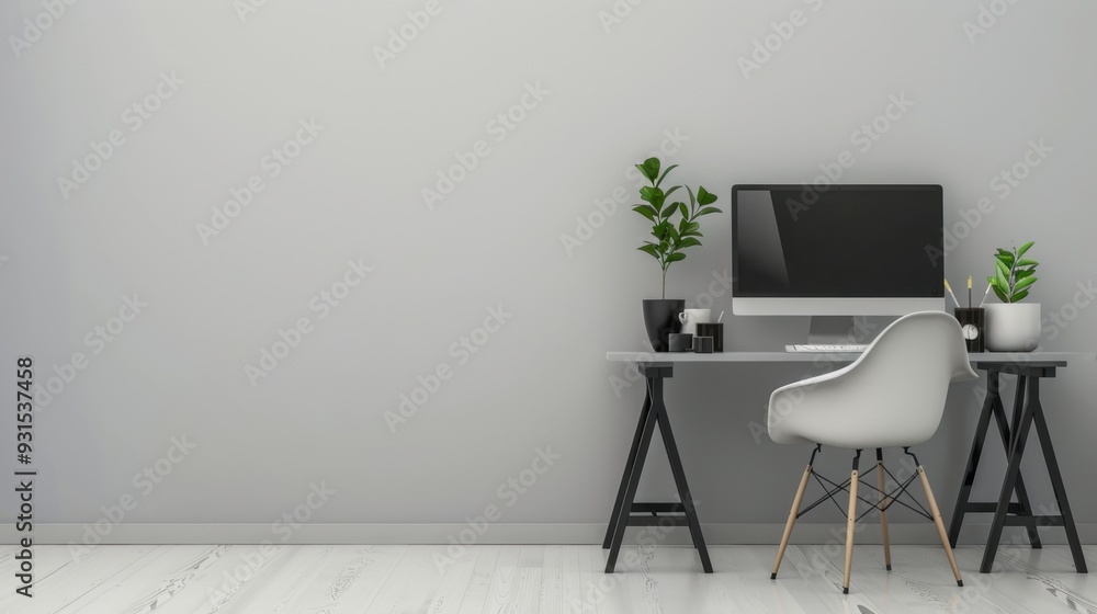 A minimalist workspace with a gray desk, chair, and computer, creating a sleek and professional look A minimalist workspace with a gray desk, chair, and computer, creating a sleek and professional look
