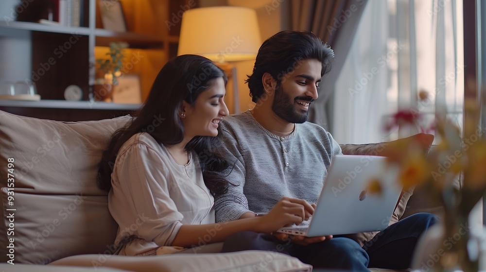 Planning vacation Cute happy millennial indian couple searching hotel and resort online using laptop sitting on couch in cozy living room interior at home free space : Generative AI Planning vacation Cute happy millennial indian couple searching hotel and resort online using laptop sitting on couch in cozy living room interior at home free space : Generative AI