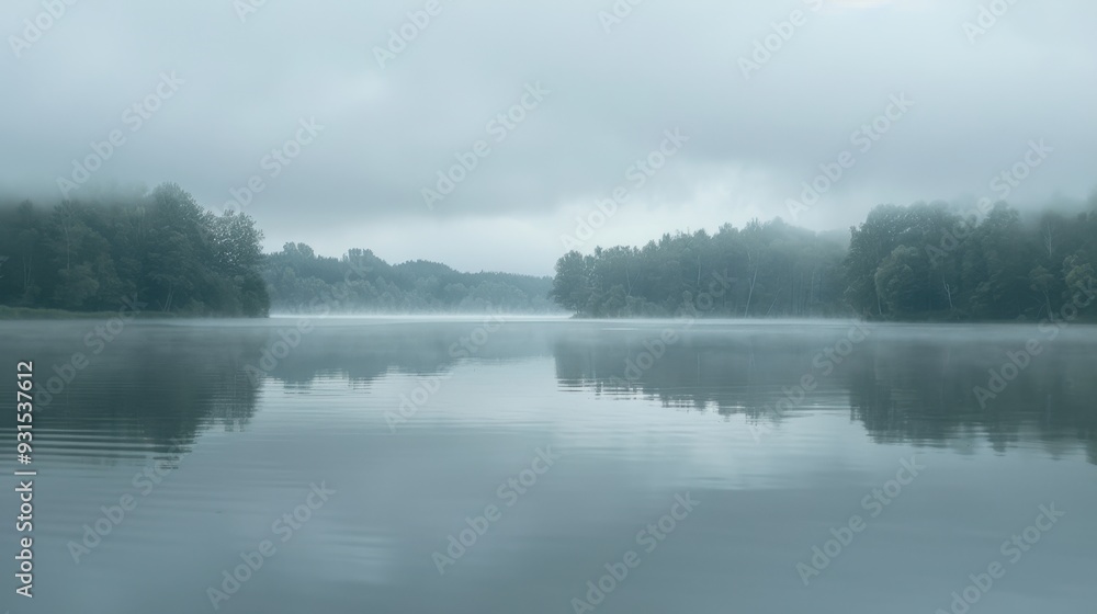 A misty morning landscape with gray fog rolling over a quiet lake, reflecting the muted sky A misty morning landscape with gray fog rolling over a quiet lake, reflecting the muted sky