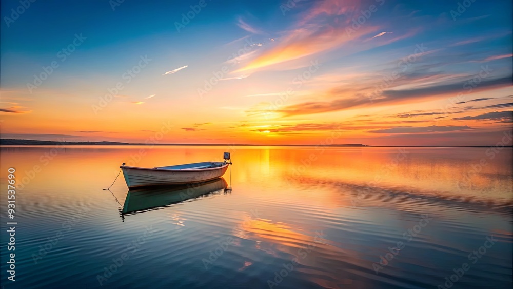 Lonely boat drifting on a calm lake as the sun sets in the background, lonely, boat, calm, lake, sunset, dusk, tranquil Lonely boat drifting on a calm lake as the sun sets in the background, lonely, boat, calm, lake, sunset, dusk, tranquil