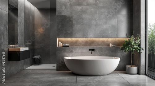 A modern bathroom with gray tiles and sleek fixtures, creating a clean and sophisticated space