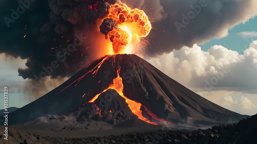 eruption of the volcano with molten lava flowing on the slopes